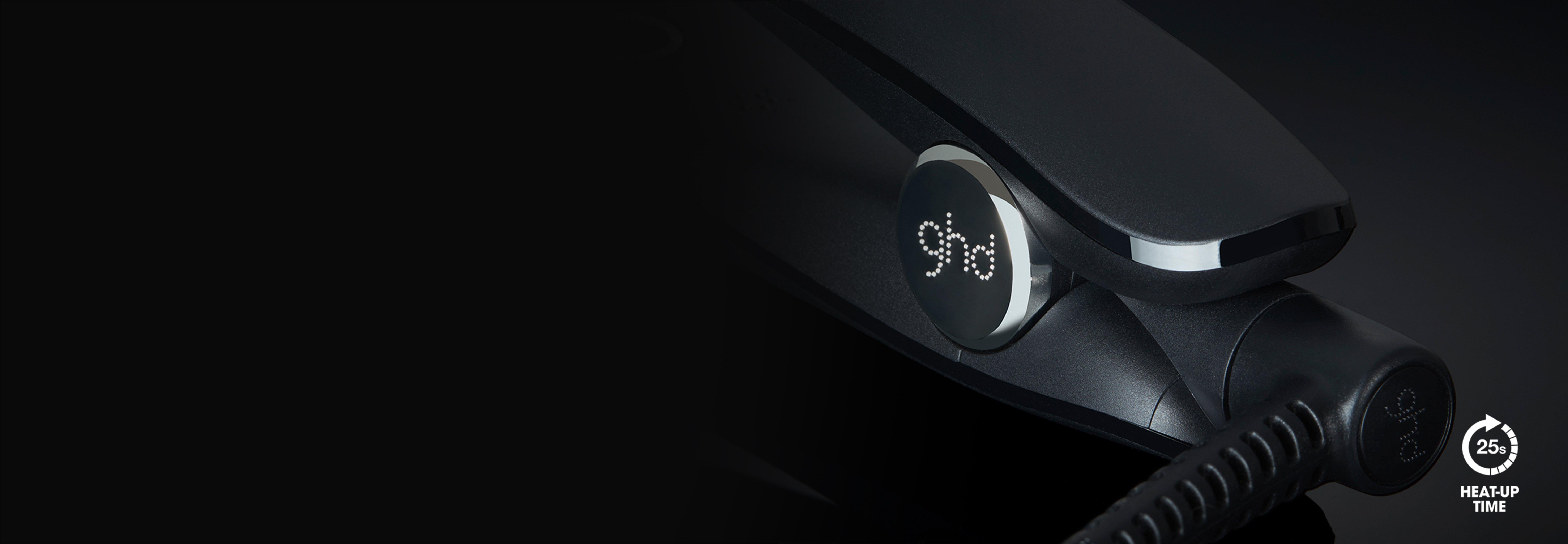 ghd gold styler swivel cord close up. icon to show 30 second heat up time