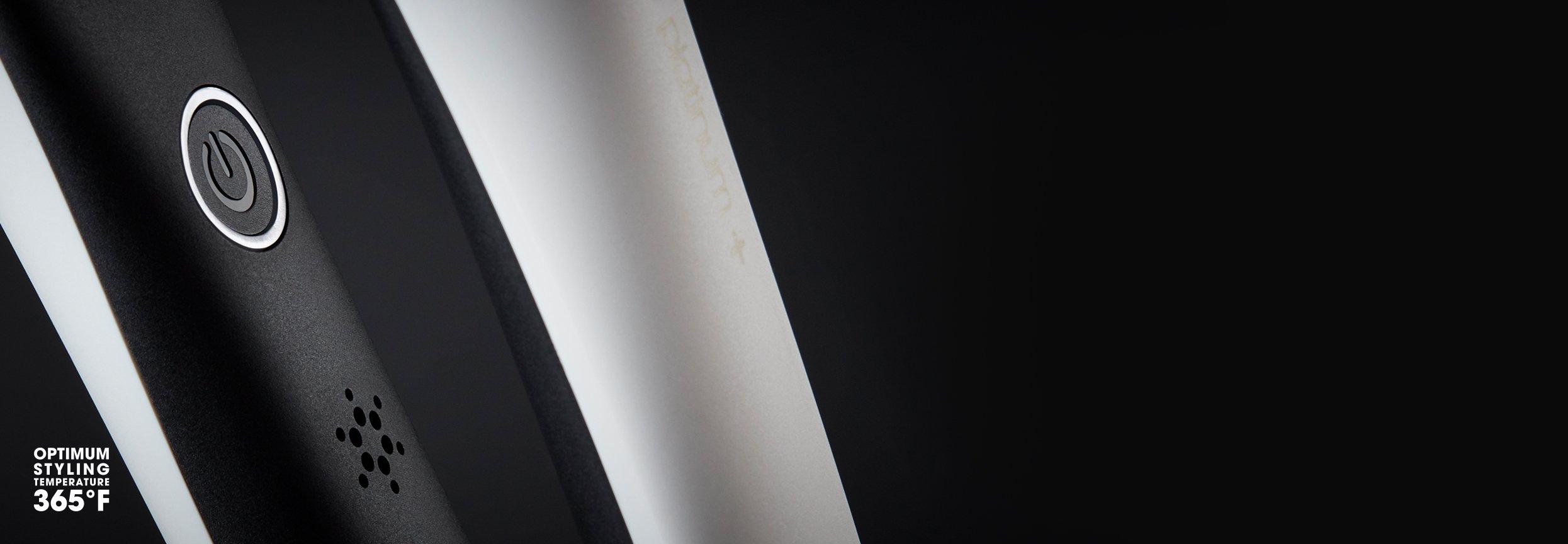 ghd one inch platinum plus styler in white button close-up