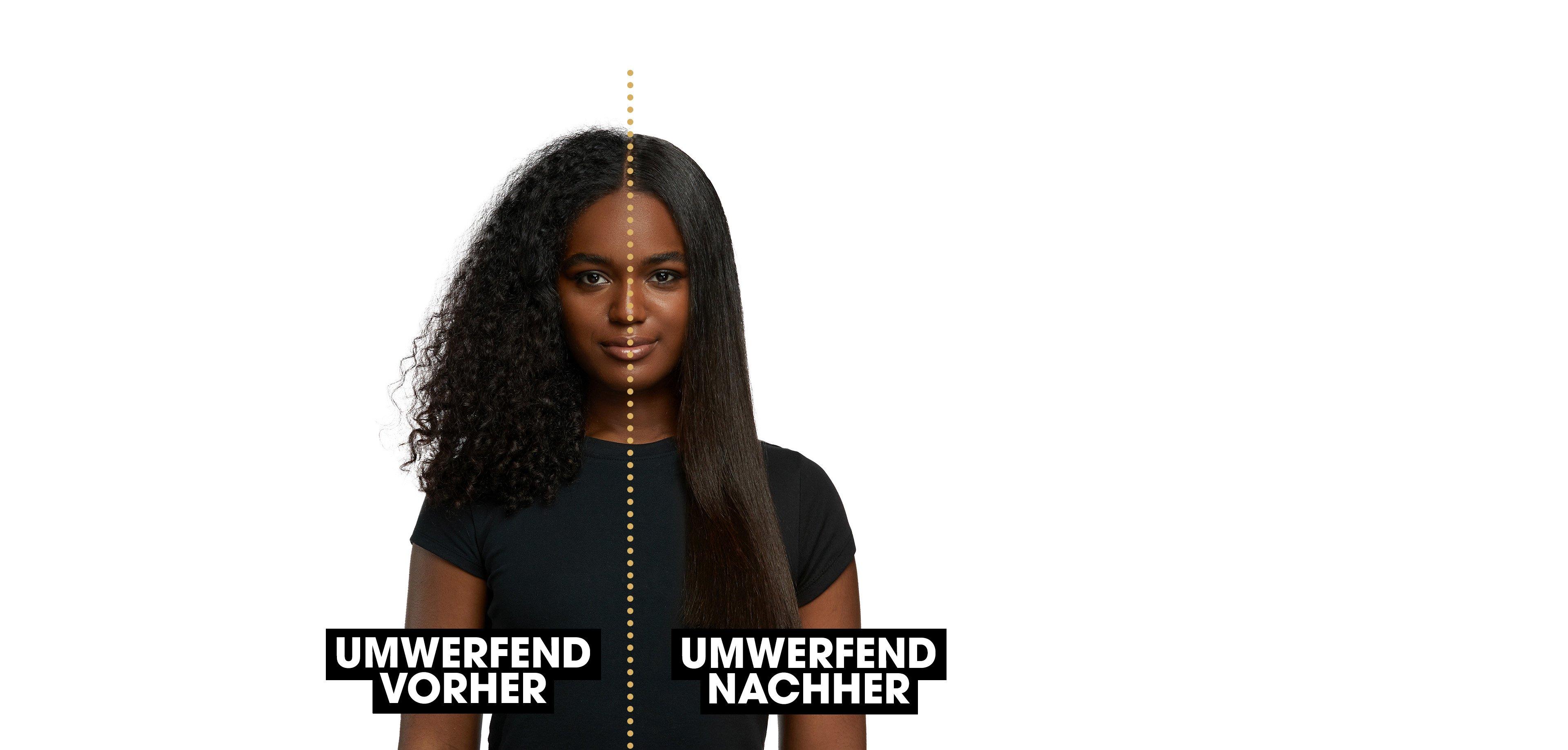 Vorher- & Nachherbilder eines Stylings mit ghd chronos max Glätteisen für Afro Hair