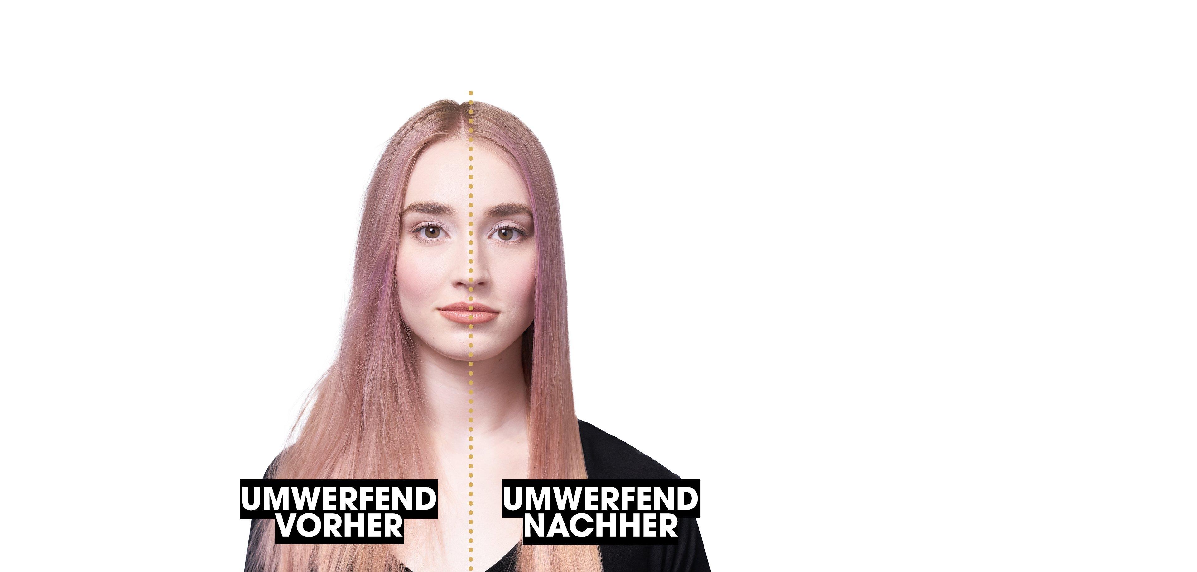 Vorher Nachher Vergleich mit dem ghd platinum+ an Model mit pinken Haaren