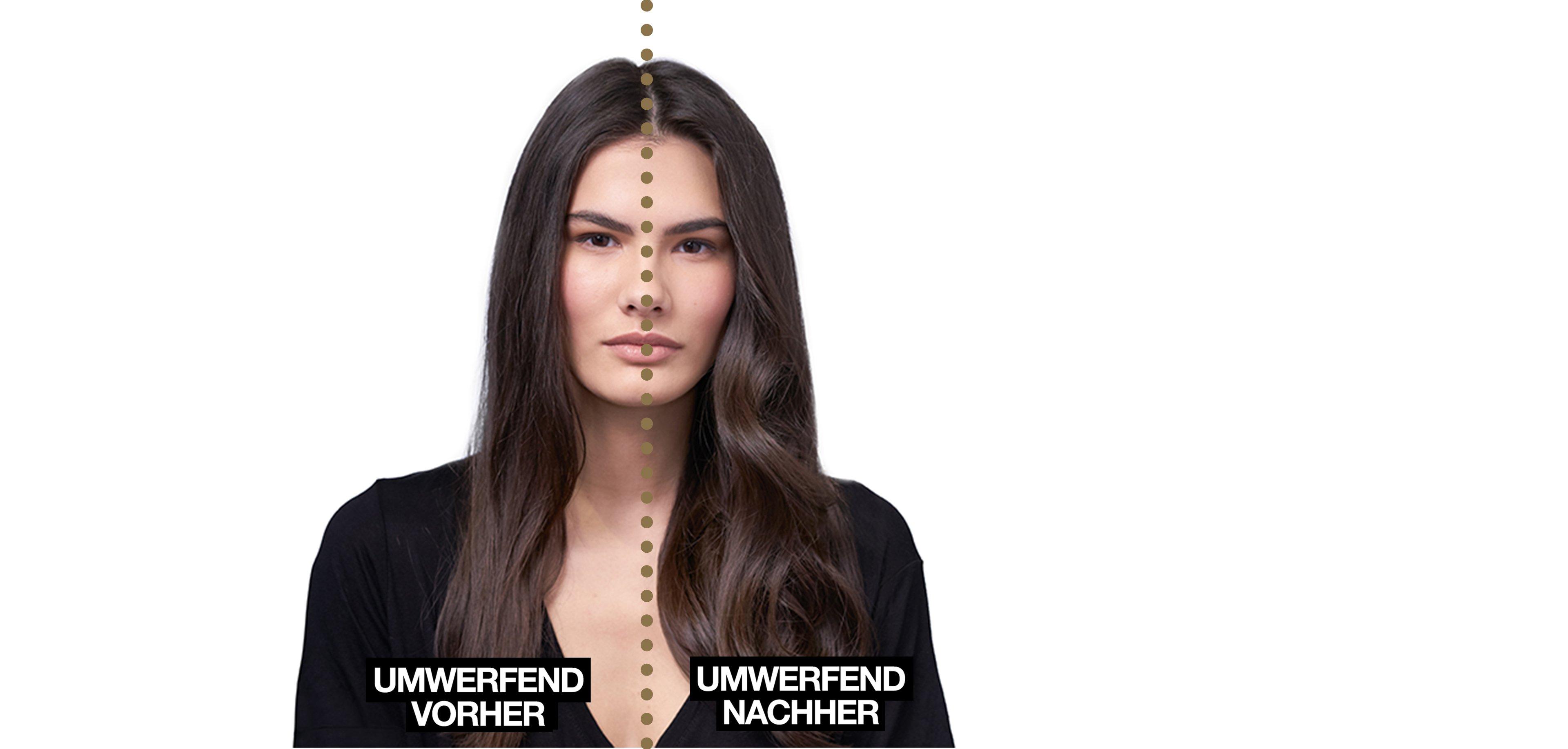 Vorher Nachher Vergleich mit dem ghd helios an Model mit brünetten Haaren