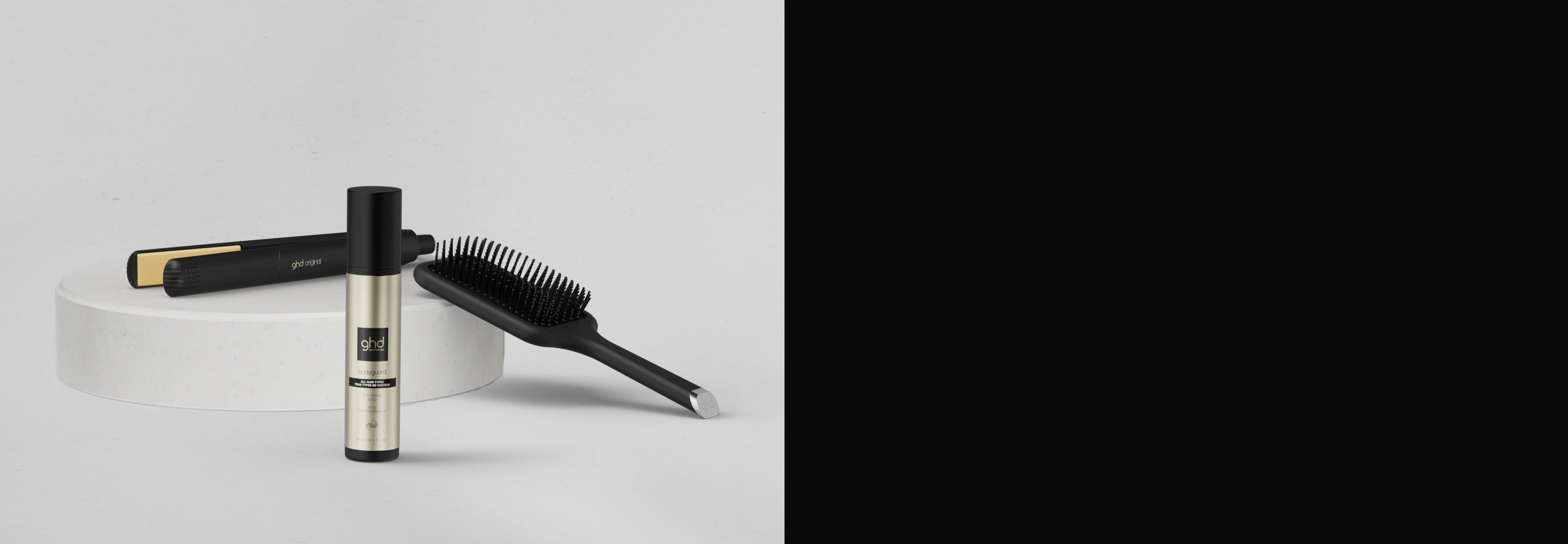 ghd original in Schwarz mit ghd bodyguard Hitzeschutz und ghd Bürste