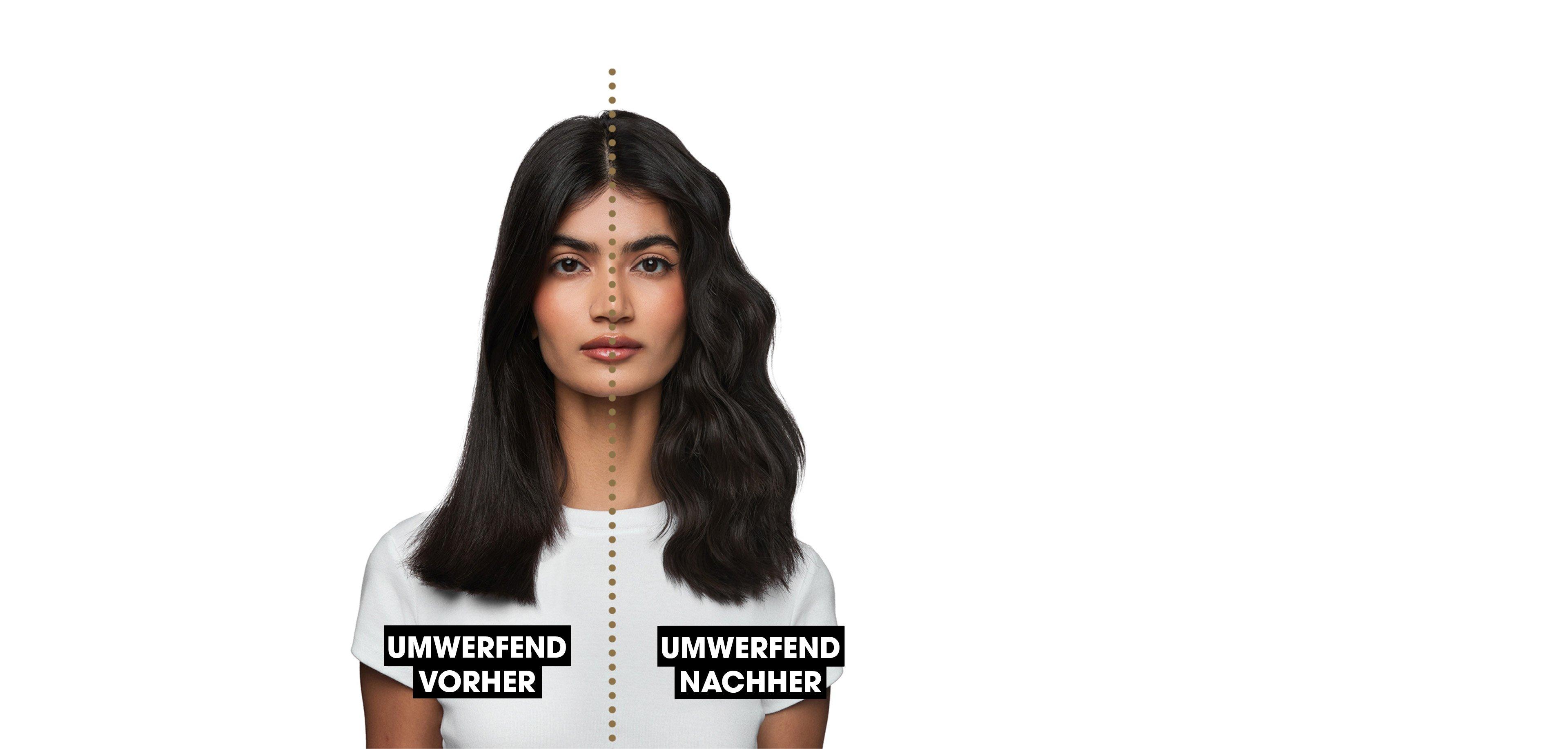 Vorher- Nachherbilder des Stylings mit ghd wave Lockenstab