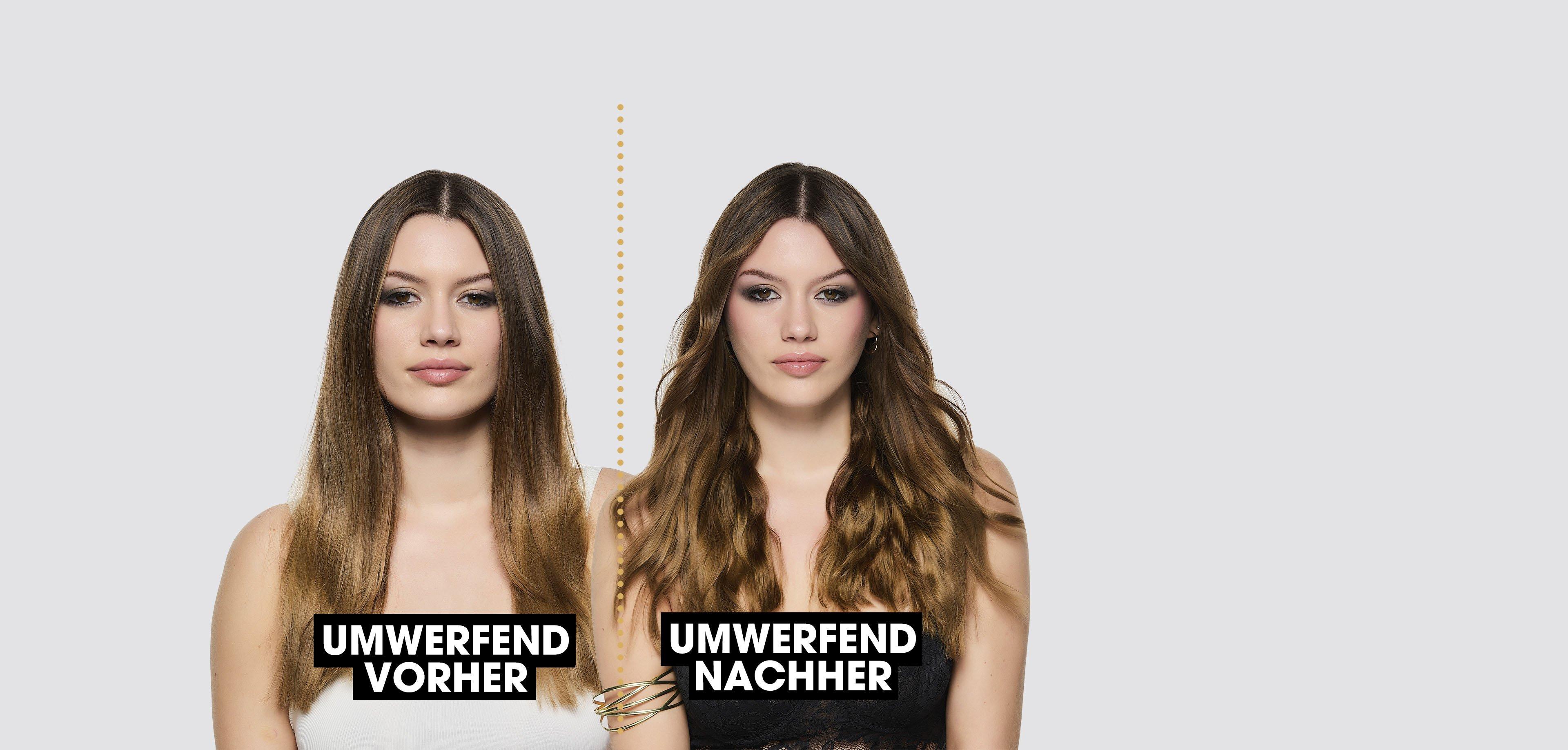 Vor und nach dem Styling mit dem ghd max wand Lockenstab