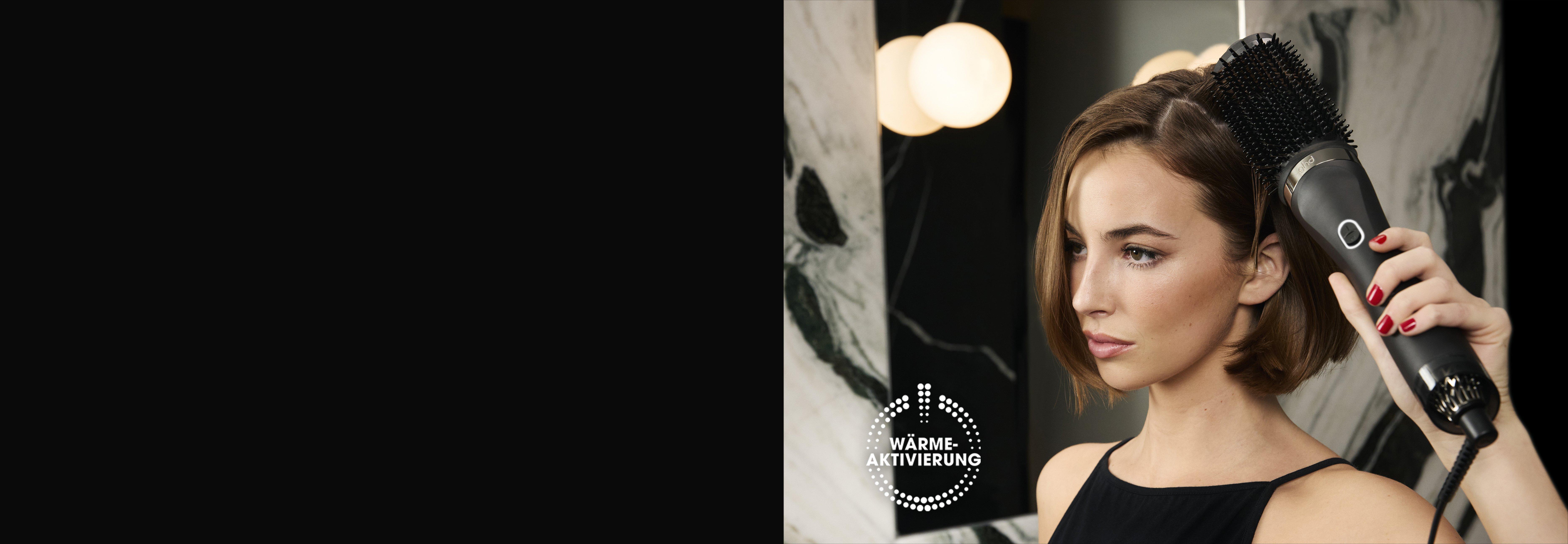 Model präsentiert Wärmeaktivierung des fine hair thickener Treatments mit der ghd duet blowdry