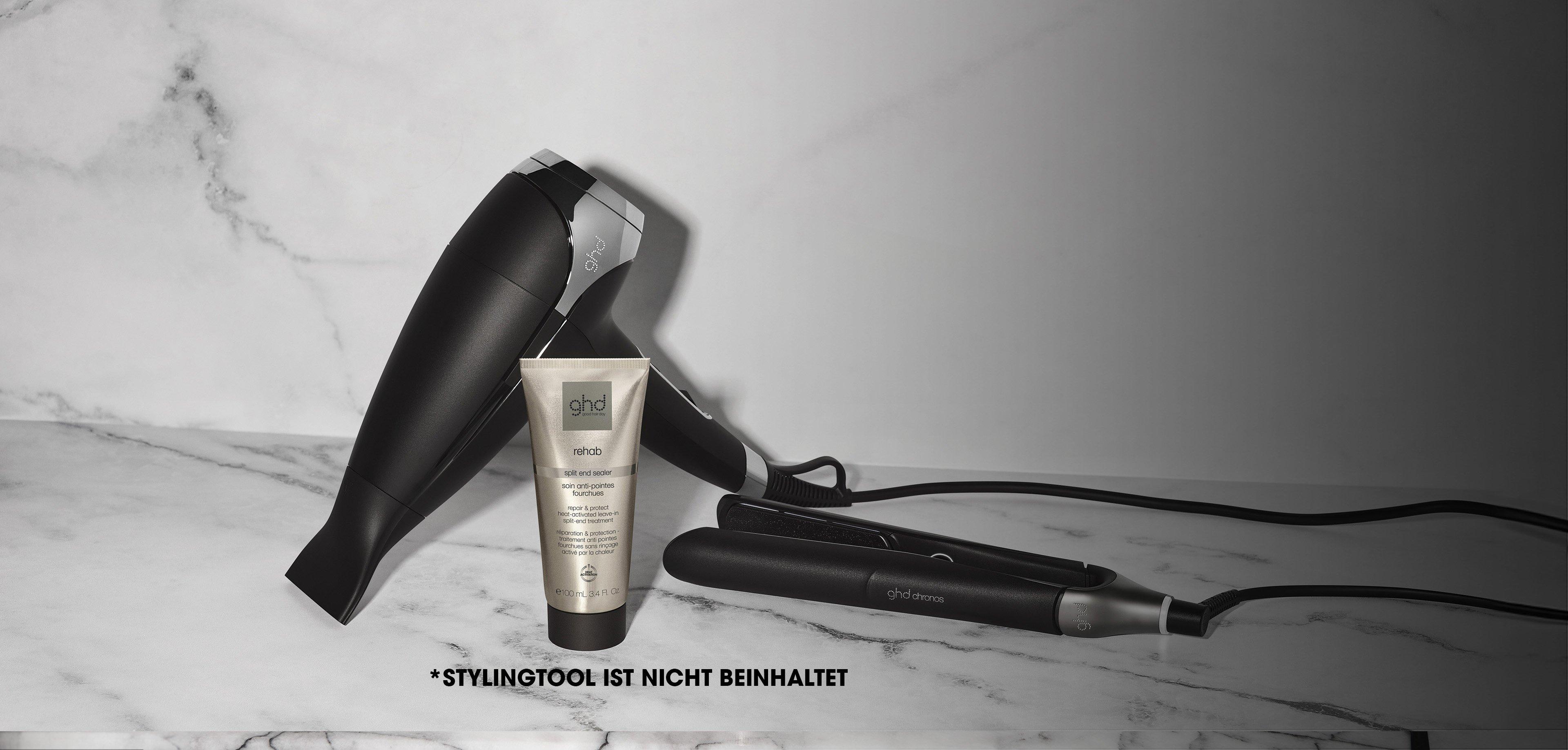 ghd rehab split end sealer Creme mit ghd helios in schwarz und ghd chronos in schwarz 
