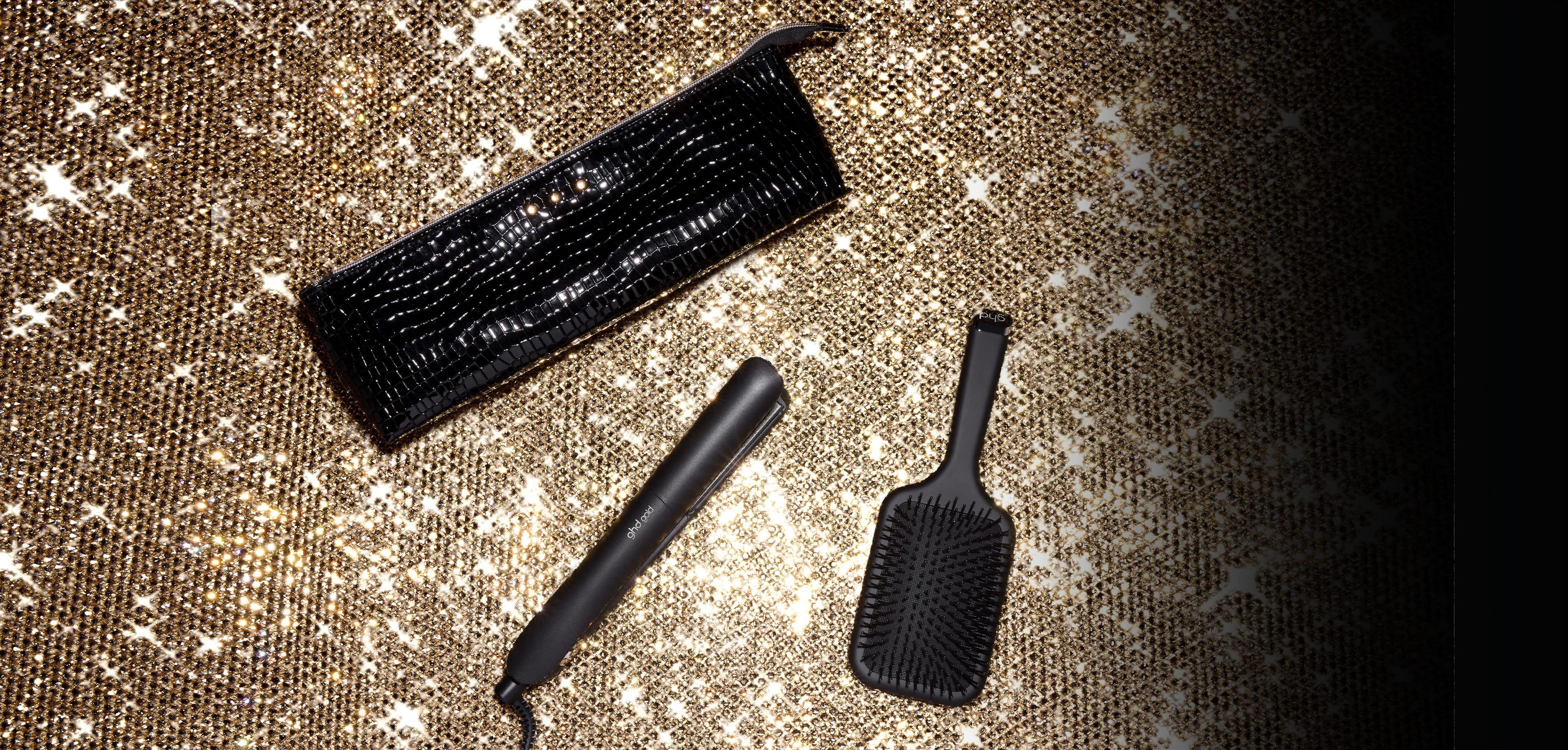 NEW GHD GOLD HAIR STRAIGHTENER GIFT SET WITH BAG & PADDLE BRUSH