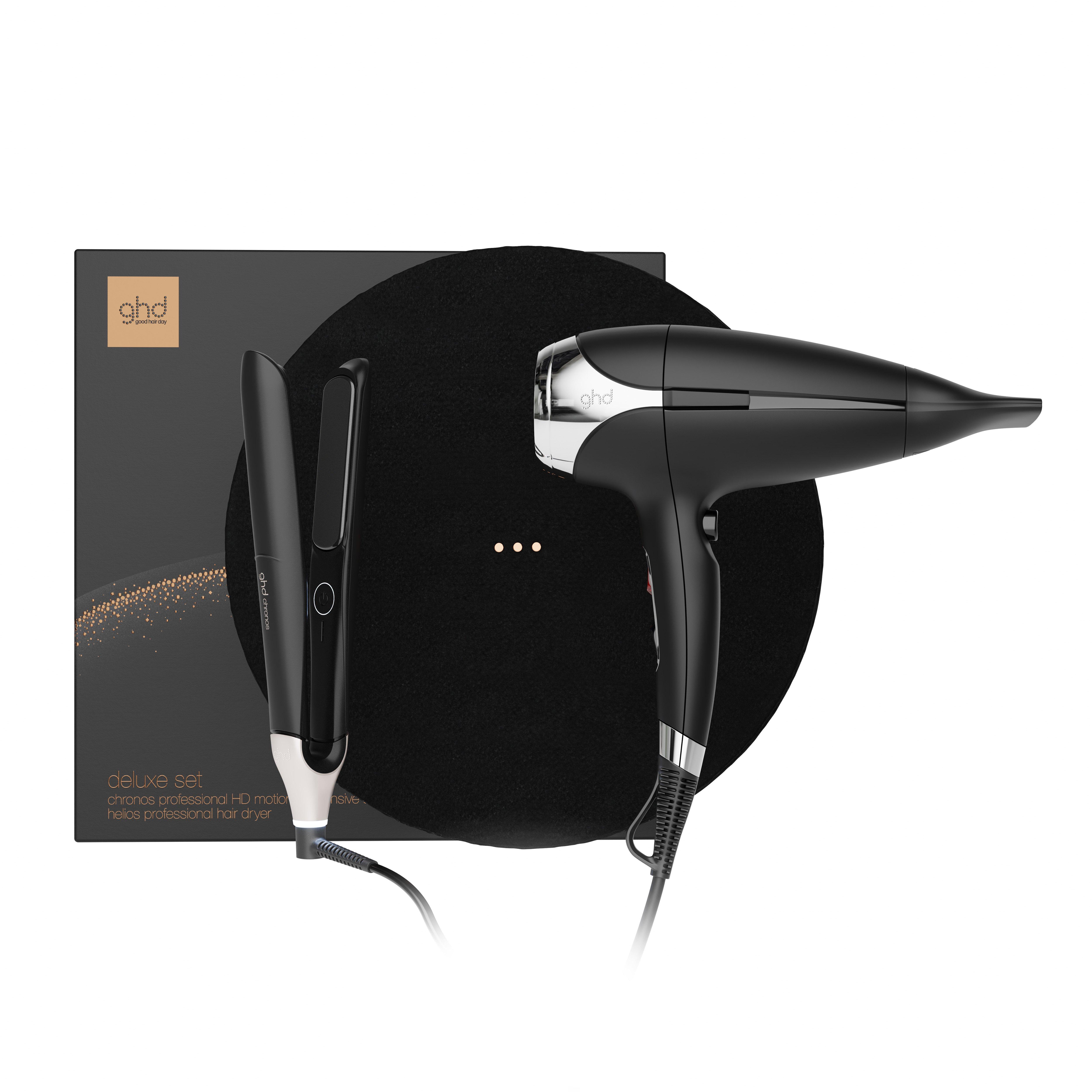 NEW GHD DELUXE HAIR STRAIGHTENER AND HAIR DRYER FESTIVE GIFT SET IN BLACK