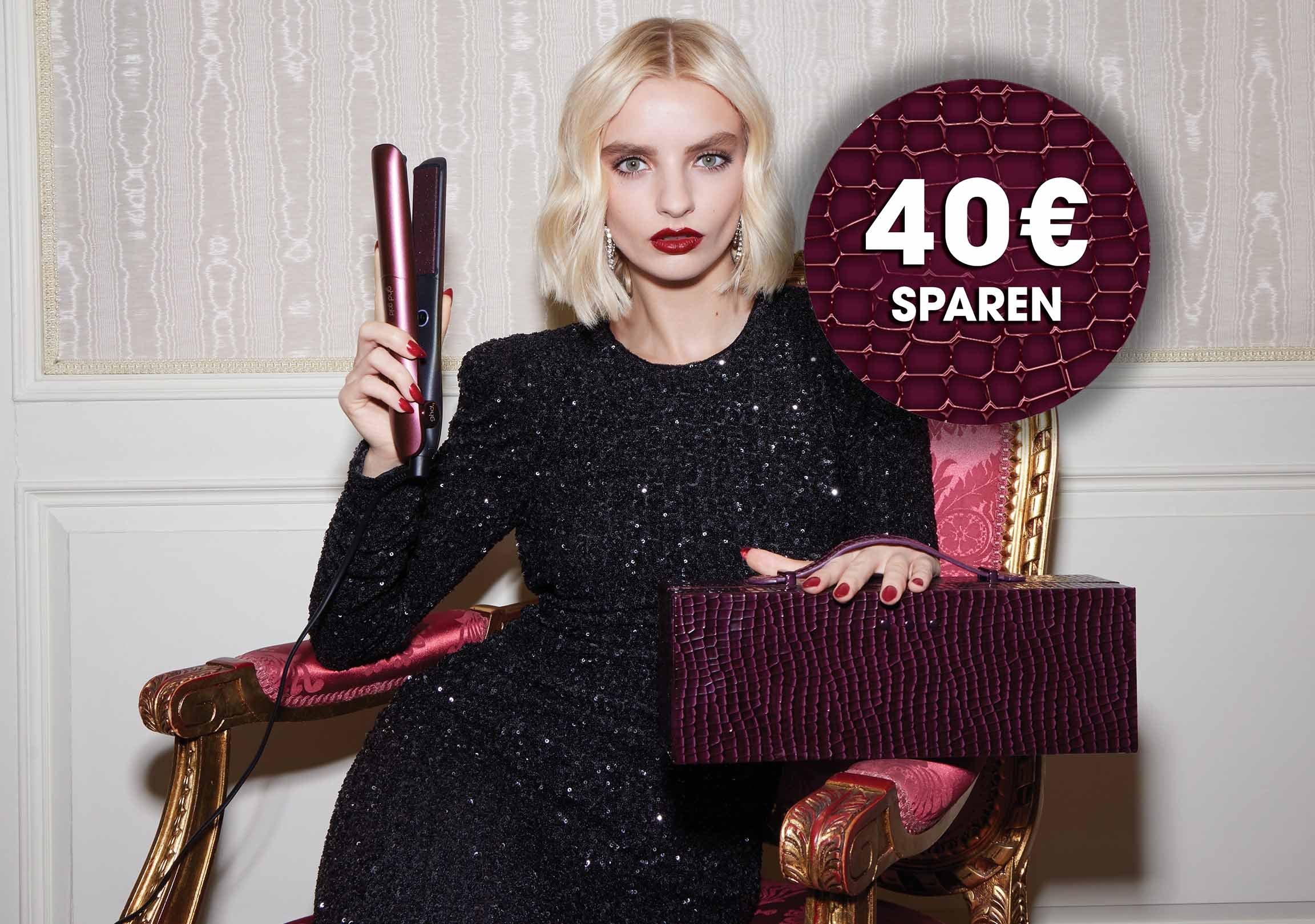 Blondes Model mit gewelltem Bob zeigt den dnkelroten ghd gold Styler der Limited Edition