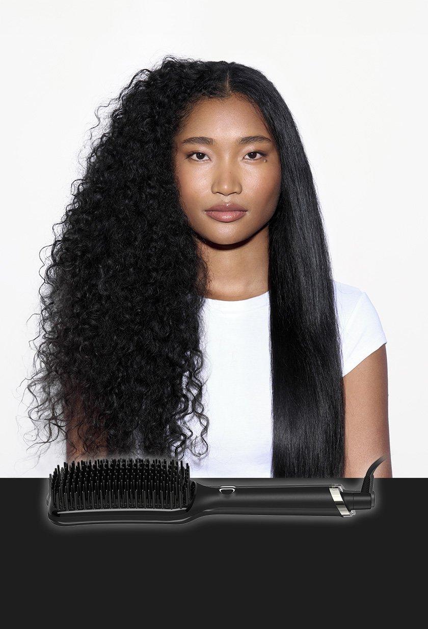 model with long thick and curly hair, showing a side by side comparison of her hair before using ghd Glide+ Max and after using ghd Glide+Max