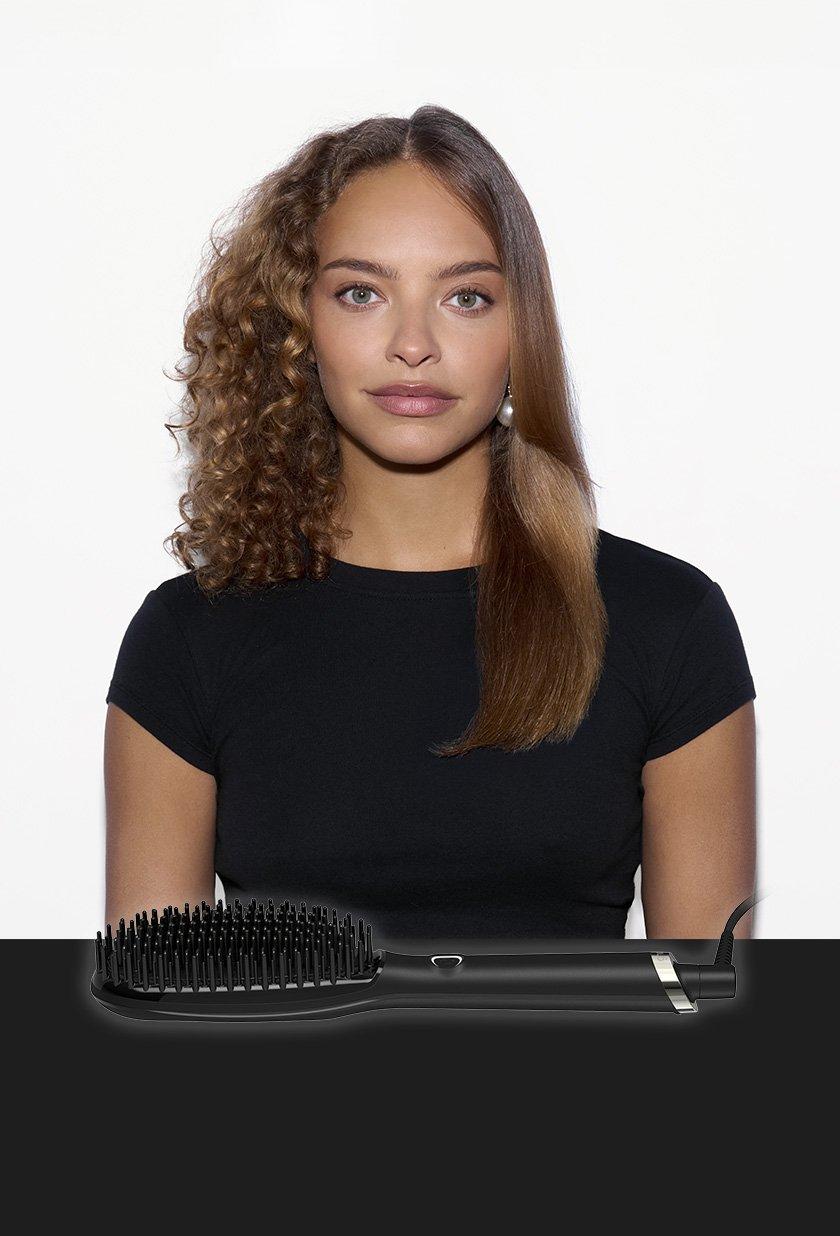 model with curly hair showing a side by side comparison of her hair using ghd Glide+ and without ghd Glide+