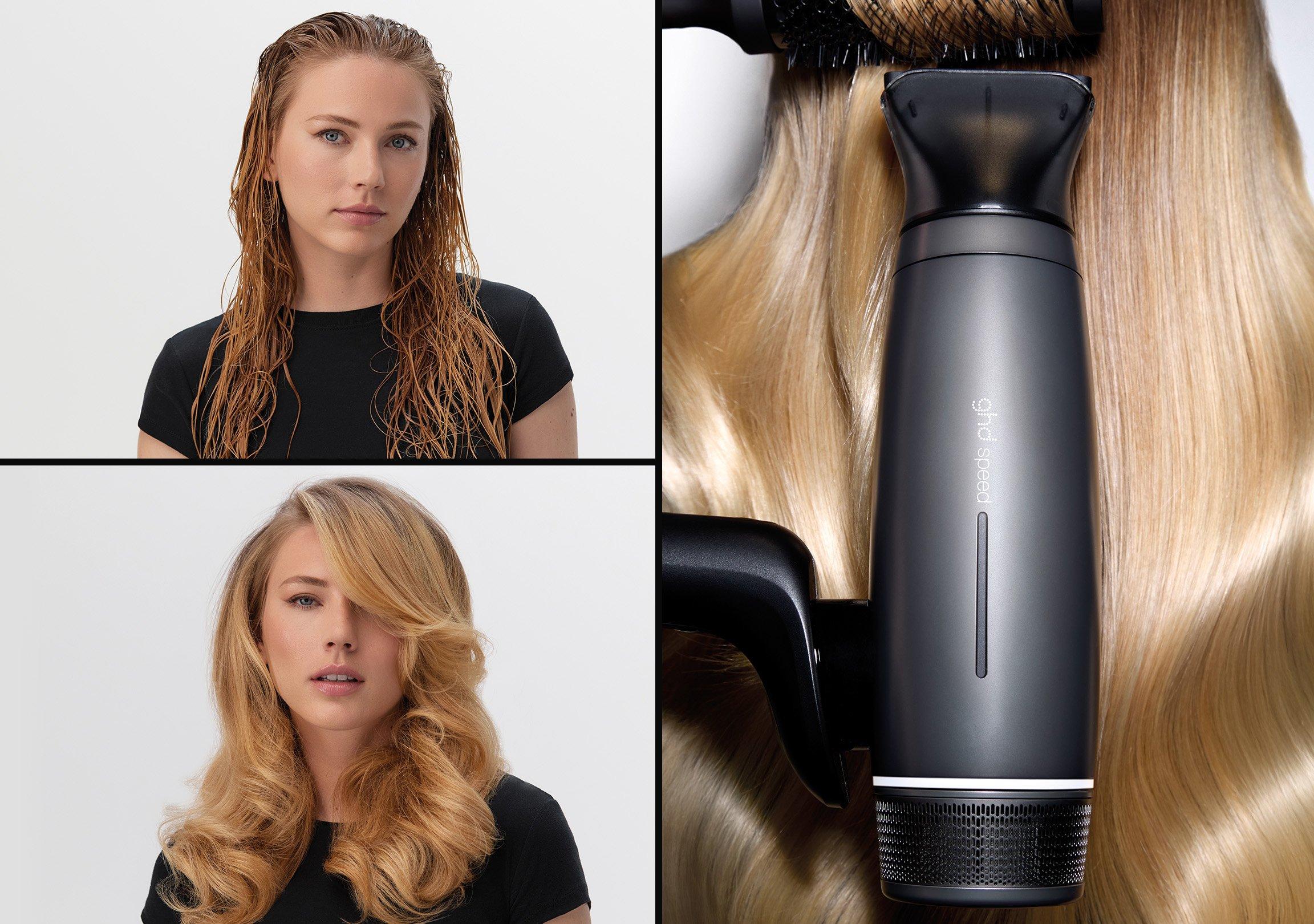 Before and after of model with bouncy blow dry hairstyle