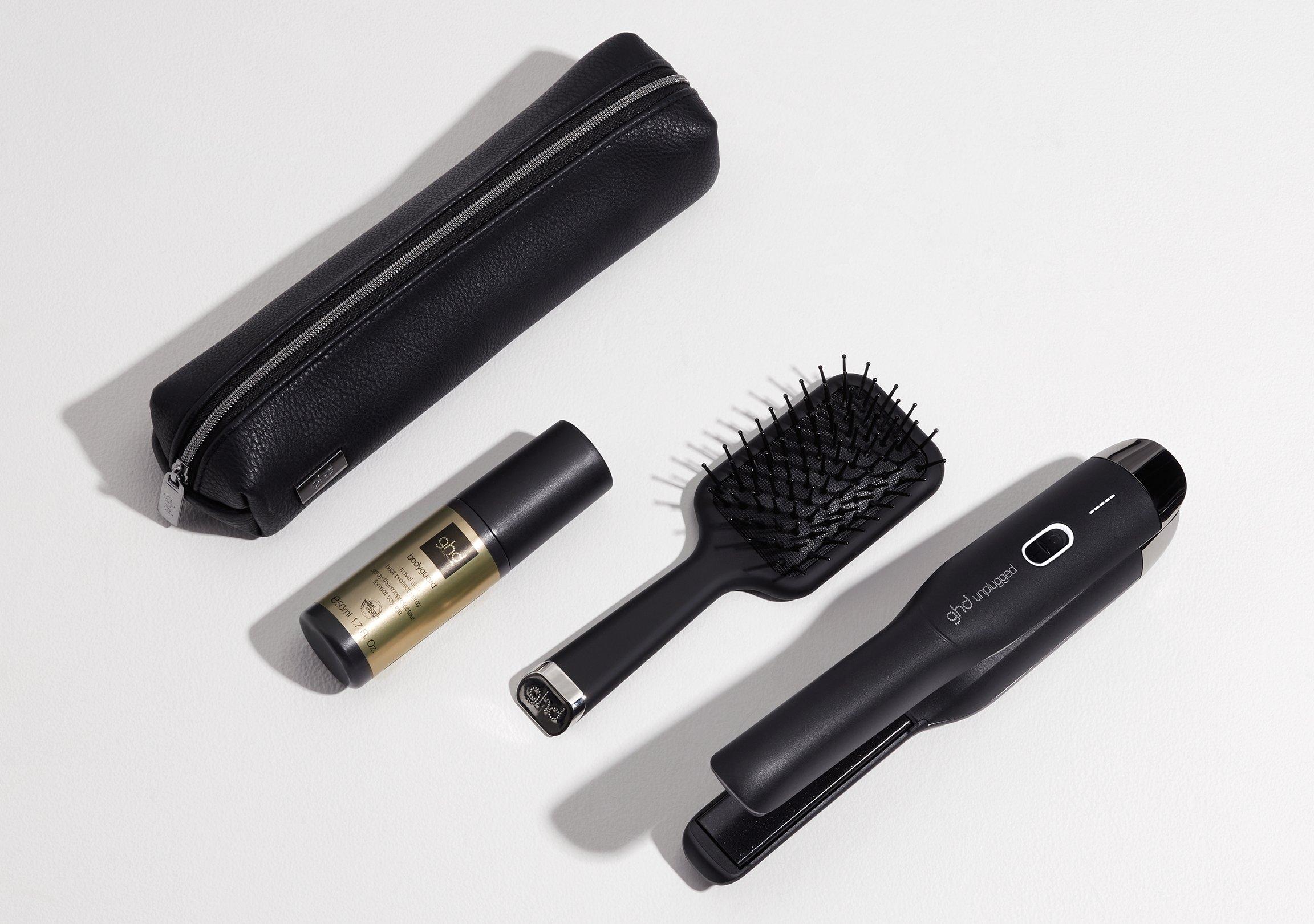 ghd unplugged Styler mit mini paddle brush und Hitzeschutzspray